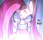 angry blue_eyes dialogue female feral hair pink_body pink_hair solo teeth wounded uc77 friendship_is_magic hasbro hotblooded_pinkie my_little_pony pinkamena_(mlp) pinkie_pie_(mlp) equid equine mammal