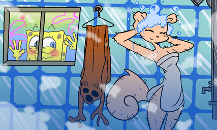 animal_skin anthro bathing blue_eyes blush breasts brown_body brown_fur cleavage clothed clothes_hanger clothing duo eyebrows female flower_cloud_(spongebob) fur hairless male raised_eyebrows scrubbing shower showering stubble suds towel towel_only voyeur wavy_mouth yellow_body ezstrongs nickelodeon spongebob_squarepants sandy_cheeks spongebob_squarepants_(character) aquatic mammal rodent sciurid sea_sponge tree_squirrel 5:3