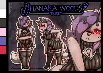 alternative_fashion anthro big_breasts blush boots bottomwear breasts clothed clothing dress emo female footwear fur glistening glistening_body glowing glowing_eyes goth hair high_heeled_boots high_heels legwear looking_at_viewer purple_hair shoes simple_background smile solo standing stockings tail text thick_thighs thigh_boots thigh_highs topwear wide_hips khalfy_kun hanaka_(khalfy_kun) canid canine canis mammal wolf absurd_res hi_res model_sheet