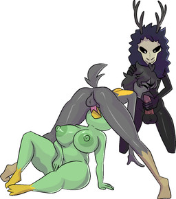 anthro black_body bone female fingering green_body grey_body group kneeling male male/female male/male masturbating_while_penetrated masturbation oral oral_penetration penetration simple_background skull skull_head thick_thighs trio white_background wide_hips yerolay avian bird species_request digital_drawing_(artwork) digital_media_(artwork) hi_res