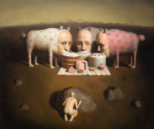 abstract_art ambiguous_gender animal_costume anthro cake clothing costume dessert eating eating_cake food group hiding male nightmare_fuel nude quadruped rock surrealism what wilderness avery_palmer human humanoid mammal monster
