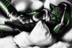 anthro fangs green_markings looking_at_viewer male markings melanistic pillow solo teeth chanrom ferolux_(character) felid jaguar mammal pantherine