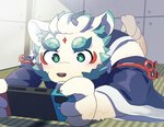 anthro asian_clothing blue_eyes clothing east_asian_clothing eyebrows gaming japanese_clothing male playing_video_game slightly_chubby solo thick_eyebrows young suna_sand1 asian_mythology east_asian_mythology japanese_mythology lifewonders mythology nintendo nintendo_switch tokyo_afterschool_summoners agyo_(tas) foo_dog komainu mammal yokai