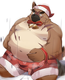 ambiguous_gender anthro belly bottomwear brown_body bulge christmas_clothing christmas_headwear clothing duo facesitting hat headgear headwear holidays humanoid_hands kemono male male/ambiguous moobs navel nipples obese obese_male overweight overweight_male santa_hat scar shorts sitting sitting_on_another solo_focus 131_usagino christmas lifewonders tokyo_afterschool_summoners yasuyori_(tas) canid canine canis domestic_dog mammal 2021 absurd_res hi_res
