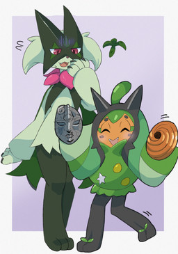 3_fingers 3_toes ambiguous_gender anthro blush blush_lines bodily_fluids claws cute_fangs duo fangs feet finger_claws fingers flower_(anatomy) fur green_body green_fur mask open_mouth pink_eyes pink_nose stone_mask_(jjba) sweat sweatdrop teeth toes aya_tsuji jojo's_bizarre_adventure naruto nintendo pokemon generation_9_pokemon legendary_pokemon meowscarada ogerpon pokemon_(species) teal_mask_ogerpon 2023 absurd_res hi_res
