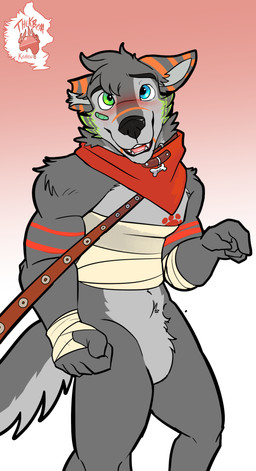 bandage bandaged_arm bandaged_chest blush collar featureless_crotch first_person_view leash leash_pull leashed_collar leashing_pov looking_at_viewer male markings mostly_nude offscreen_character scarf scarf_only simple_background solo striped_markings stripes thekinkybear canid canine canis domestic_dog husky mammal nordic_sled_dog spitz hi_res