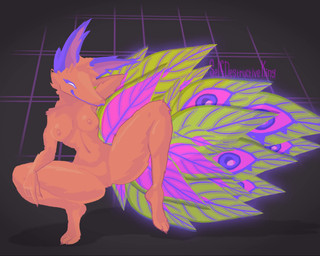 3_toes 4_fingers anthro arm_on_leg big_tail blue_ears blue_eyelashes blue_lips breasts eyeball eyelashes feet female fingers fluffy fluffy_tail genitals glowing glowing_body leaf_pattern lips nails navel nipples nude orange_body raised_arm smile solo spread_legs spreading tail toes vulva white_eyes selfdestructking deltarune undertale_(series) darkner netskie animated hi_res no_sound short_playtime video
