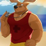 anthro antlers barazoku beach biceps black_nose bodily_fluids bottomwear brown_body brown_fur brown_tuft clothing cloud cloudy_sky deer_ears facial_scar fur holding_object holding_whistle horn lifeguard lifeguard_swimsuit light male muscular muscular_anthro muscular_arms muscular_male nails nipple_outline pecs red_clothing red_shirt red_topwear sand scar sea shirt shorts sky sleveless_shirt solo sunlight sweat swimming_trunks swimwear topwear tuft water whistle_(object) whistle_around_neck white_eyes yellow_bottomwear yellow_clothing yellow_shorts tommygame15 identity_v bane_(identity_v) deer mammal 1:1 hi_res