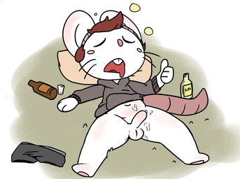 after_masturbation anthro balls biped bodily_fluids bottomless bottomless_anthro bottomless_male brown_hair clothed clothing cum cum_on_belly cum_on_body cum_on_leg drunk erection fur genital_fluids genitals gesture hair hand_gesture hoodie humanoid_genitalia humanoid_penis lying male navel on_back penis pink_nose pink_penis solo substance_intoxication thumbs_up topwear whiskers white_balls white_body white_fur dedreds tiny_(fernut) mammal mouse murid murine rodent hi_res unavailable_at_source