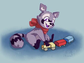 anthro countershading happy kerchief kerchief_only male markings mostly_nude neckerchief neckerchief_only neckwear purple_body purple_eyes solo striped_markings striped_tail stripes tail tail_markings toy toy_train train vehicle lorcat indigo_park rambley_raccoon mammal procyonid raccoon 4:3 absurd_res hi_res
