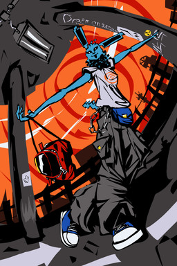 5_fingers anthro backpack black_sclera blue_body blue_clothing blue_ears blue_footwear blue_fur blue_inner_ear blue_shoes blue_tail bottomwear building ceiling_lamp chain clothing detailed_background directional_arrow fanny_pack female fence fingers footwear fur grey_bottomwear grey_clothing grey_pants hazard_symbol lamp looking_at_viewer nails open_mouth orange_sky outside pants radiation_symbol red_backpack road shirt shoelaces shoes sky skyscraper solo symbol t-shirt tail topwear white_clothing white_eyes white_footwear white_shirt white_shoes white_t-shirt white_topwear reduschanka disney nintendo phineas_and_ferb pokemon shockwave_(liquafusion) eeveelution generation_1_pokemon jolteon pokemon_(species) 2026 2:3 absurd_res hi_res