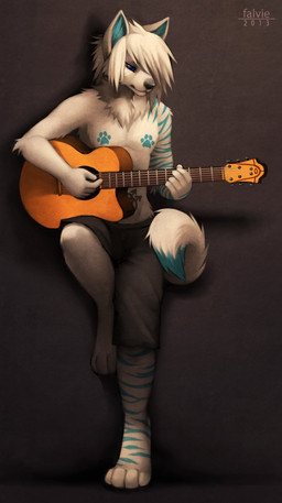 acoustic_guitar anthro blue_body blue_fur blue_stripes bottomwear chest_markings clothed clothing footprint fur guitar hair male male_anthro markings musical_instrument pawprint pawprint_(marking) playing_guitar playing_music plucked_string_instrument shadow shorts solo string_instrument stripes tattoo topless tuft white_body white_fur white_hair wide_hips falvie sami canid canine mammal 2013 digital_media_(artwork) full-length_portrait hi_res portrait