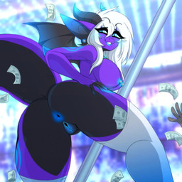 anthro anus big_breasts big_butt blue_body blue_scales breasts butt clothing club_background ear_piercing ear_ring female genitals hair hand_on_hip horn legwear looking_at_viewer low-angle_view money money_in_thigh_highs nipples piercing pole ring_piercing scales side_boob smile solo stockings stripper_pole tail thick_tail thick_thighs thigh_highs vulva white_clothing white_hair white_legwear white_stockings worm's-eye_view chococosalo mythology dragon mythological_creature mythological_scalie scalie winged_dragon 1:1 hi_res