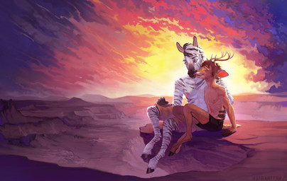 abs anthro antlers athletic athletic_male black_body black_fur black_hooves black_nose blush bottomwear brown_body brown_fur brown_hair clothed clothing cloven_hooves cuddling desert detailed_background duo eye_contact fangs fur green_eyes hair hooves horn hug inner_ear_fluff lights looking_at_another looking_at_viewer male male/male markings mountain multicolored_body multicolored_fur multicolored_hair muscular muscular_anthro muscular_male navel nipples open_mouth outside pants pecs romantic romantic_ambiance romantic_couple short_hair shorts sitting sky smile smirk snout standing striped_body striped_fur striped_markings striped_tail stripes sun sunset tail tail_markings teeth topless topwear tuft two_tone_body two_tone_fur underwear white_body white_fur white_hair yellow_eyes natfan dashing cervine deer equid equine horse mammal zebra absurd_res digital_media_(artwork) hi_res warm_colors