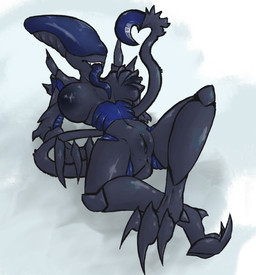 anthro anus areola big_breasts black_body breast_squeeze breasts butt claws eyeless fangs female genitals gesture heart_symbol lying nipples nude on_back open_mouth segmented_body simple_background smile solo squeezing stinger tail tail_gesture tail_heart teeth tongue vulva alexleviafan alien_(franchise) alien xenomorph 2025 digital_media_(artwork)