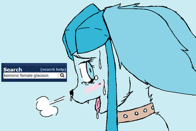 anthro blue_background blue_body blue_eyes blue_fur blush bodily_fluids breath brown_collar collar e621_tags female fur open_mouth open_smile pink_tongue saliva side_view simple_background smile snot solo sweat teeth tongue anonymous_artist e621 nintendo pokemon eeveelution generation_4_pokemon glaceon pokemon_(species) 2022 aliasing digital_media_(artwork)