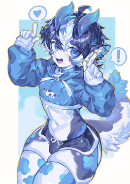 anthro bell bell_collar belly black_hair blue_eyes blue_horn bulge clothing collar crop_top cropped_hoodie dolphin_shorts ear_piercing exclamation_point femboy hair head_tuft heart_symbol horn legwear male multicolored_body open_mouth piercing shirt sitting solo speech_bubble stockings tail thick_thighs thigh_highs topwear tuft white_body magic_dream00 bovid bovine cattle mammal hi_res