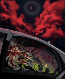 anthro black_tie_(suit) blood blood_from_head blood_on_head blood_splatter bodily_fluids brain_matter bullet_hole car cigarette clothing cloud death detailed_background duo eclipse eyes_closed fangs gore hair hole_in_head inside_car inside_vehicle lighter lighting_cigarette lunar_eclipse male moon night open_mouth pointy_ears red_moon sharp_teeth short_hair snout suit teeth vehicle ddcrushh unnamed_character canid canine mammal absurd_res digital_drawing_(artwork) digital_media_(artwork) hi_res