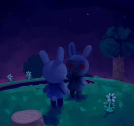 ambiguous_gender anthro chibi clothing detailed_background dress duo flower night plant scut_tail short_tail sky star starry_sky tail tree plastiboo animal_crossing nintendo ruby_(animal_crossing) lagomorph leporid mammal rabbit