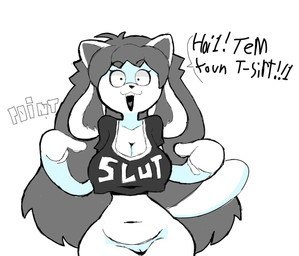 :3 anthro belly big_breasts black_clothing black_shirt black_topwear bottomless breasts casual_exposure cleavage clothed clothing cute_fangs dialogue eyebrow_through_hair eyebrows fangs female fur genitals gesture grey_hair hair hand_gesture huge_breasts long_hair long_tail multi_ear navel no_underwear onomatopoeia open_mouth open_smile partially_clothed pointing pointing_at_self shirt shirt_only simple_background slightly_chubby small_waist smile solo sound_effects speech_bubble standing tail talking_to_viewer teeth text text_on_clothing text_on_shirt text_on_topwear thick_tail toony topwear topwear_only translucent translucent_hair vulva white_background white_body white_fur wide_hips eks-out undertale undertale_(series) temmie_(undertale) canid felid hybrid mammal tem 2023 digital_media_(artwork) english_text