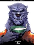 alcohol anthro beverage black_body black_claws black_fur black_nose blue_eyes claws clenched_teeth clothing eyebrows fur holding_object kemono liquid male orange_clothing purple_body purple_fur sake smile smiling_at_viewer smirk smirking_at_viewer solo teeth teeth_showing text thick_eyebrows abon0852 bear mammal english_text