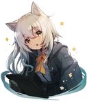 belt clothing female hair holding_object inner_ear_fluff jacket open_mouth shirt simple_background solo topwear tuft white_background white_hair satsuma_imohen arknights hypergryph studio_montagne podenco_(arknights) animal_humanoid felid felid_humanoid humanoid mammal mammal_humanoid 2020