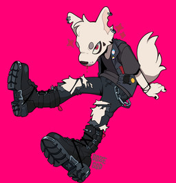 ambiguous_gender anthro blood bodily_fluids boots bottomwear chain clothed clothing ear_piercing ear_ring footwear lgbt_pride nonbinary_pride_colors nosebleed notched_ear pants piercing pink_background plantigrade pride_colors red_eyes ring_piercing shoes simple_background sitting solo torn_bottomwear torn_clothing torn_ear torn_pants transgender_pride_colors oozegod canid canine mammal 2024 digital_drawing_(artwork) digital_media_(artwork) hi_res signature