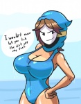 big_breasts breasts brown_hair cleavage clothed clothing female hair hood not_furry one-piece_swimsuit solo swimwear text wet netto mario_bros nintendo bandit_(mario) english_text