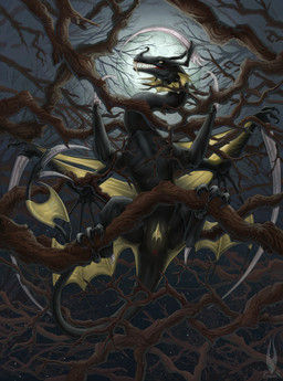 4_toes anus belly black_body black_claws blade blade_arm blade_tail bottom_view branch claws detailed_background facial_horn fangs feet female female_feral feral fin forest forest_background genitals horn looking_at_viewer membrane_(anatomy) membranous_wings moon nature nature_background night non-mammal_vulva nose_horn open_mouth plant red_anus solo tail tail_anus teeth text toes tree unusual_anatomy unusual_genitalia unusual_vulva vulva wings yellow_eyes yellow_insides yellow_vulva firael mythology dragon mythological_creature mythological_scalie scalie winged_dragon absurd_res english_text hi_res