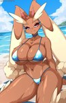 anthro beach big_breasts bikini biped blue_clothing breasts brown_body brown_fur cleavage clothed clothing eyelashes female fur kneeling looking_at_viewer navel outside pupils smile solo swimwear thick_thighs two-piece_swimsuit water wide_hips sagestrike2 nintendo pokemon generation_4_pokemon lopunny pokemon_(species) hi_res