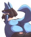 ambiguous_gender anthro black_body black_fur blue_body blue_fur blush butt butt_focus candy chocolate dessert food fur looking_back red_eyes simple_background solo tail white_background yellow_body yellow_fur rag._(artist) nintendo pokemon canid canine generation_4_pokemon lucario mammal pokemon_(species) 2012