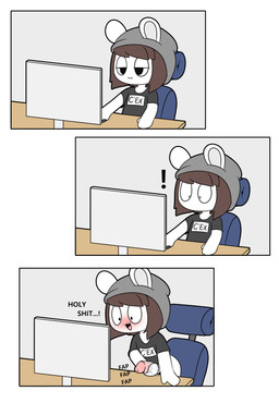 anthro beanie black_clothing black_shirt black_topwear blush blush_lines brown_hair chair clothing computer dialogue electronics exclamation_point furniture genitals glans grey_beanie grey_clothing grey_hat grey_headwear hair hat headgear headwear male masturbation office_chair penis shirt solo table text topwear tonytoran tony_(tonytoran) chinchilla chinchillid mammal rodent comic hi_res