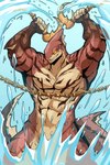 5_fingers abs anthro arm_fin biceps blue_background chain claws convenient_censorship fin finger_claws fingers gills glowing glowing_eyes head_fin kusarigama male muscular muscular_anthro muscular_male navel notched_fin nude pecs pupils raised_arms sharp_teeth simple_background slit_pupils solo splash tail tail_fin teeth toothy_grin water yellow_sclera ceehaz kraggor_(maazakala) fish marine shark 2024 hi_res