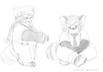 anthro biped bottomwear camera clothing eyes_closed hat headgear headwear kemono necktie pants shirt simple_background sitting slightly_chubby solo topwear white_background moujya lifewonders tokyo_afterschool_summoners zhurong_(tas) ailurid mammal red_panda 2021 hi_res monochrome