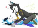 anthro black_hair blue_body blue_eyes blue_fur blush clothed clothing coat duo fur gloves green_eyes hair handwear heart_symbol kemono licking licking_lips male male/male self_lick tongue tongue_out topwear white_body white_fur young akee_rs utau aro_rouon rou_kemonone canid canine canis domestic_dog mammal wolf 4:3 hi_res