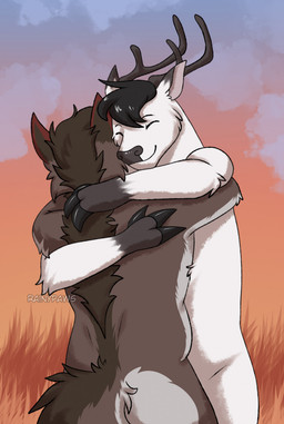 ambiguous_gender anthro antlers black_hair brown_body brown_fur brown_hair duo eyes_closed fingers fur gloves_(marking) grey_body grey_fur hair hooved_fingers hooves horn hug hugging_another markings nude_ambiguous nude_anthro red_body red_fur smile sunset tail text white_body white_fur rainypaws canid canine canis deer mammal wolf artist_name hi_res
