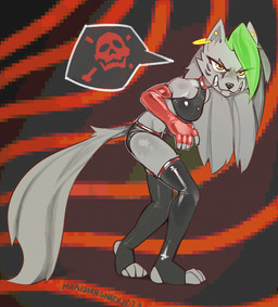abstract_background angry anthro armwear black_nose bottomwear breasts clenched_teeth clothing ear_piercing ear_ring eye_through_hair fangs feet female fur green_highlights grey_body grey_fur grey_hair hair highlights_(coloring) latex latex_armwear latex_clothing latex_legwear legwear long_hair long_tail paws piercing ring_piercing solo standing tail teeth text topwear translucent translucent_hair yellow_eyes maridiansnack five_nights_at_freddy's five_nights_at_freddy's:_security_breach scottgames steel_wool_studios roxanne_wolf canid canine canis mammal wolf 2023 artist_name dated digital_media_(artwork)