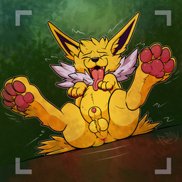 animal_genitalia anus balls feral genitals male open_mouth paws penis raised_paw sheath smile solo tongue tongue_out pawzzhky nintendo pokemon canid canine eeveelution generation_1_pokemon jolteon mammal pokemon_(species) 1:1 hi_res