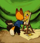 anthro bottomwear brown_body brown_fur brush canvas clothed clothing container easel fluffy fluffy_tail fur fur_markings holding_brush holding_object holding_paintbrush leaning leaning_forward male markings orange_body orange_fur paint paintbrush painting pants rear_view solo standing tail topwear white_body white_fur qs75834_(artist) animal_crossing nintendo crazy_redd canid canine fox mammal digital_media_(artwork)