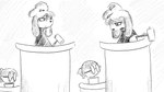16:9 animal_crossing anthro canid canine canis clothed clothing dialogue_in_description domestic_dog dragonweirdo duo eyewear female gavel_(object) glasses greyscale hair hi_res human isabelle_(animal_crossing) judge looking_at_another mammal monochrome nintendo ponytail round_glasses shaking_head shih_tzu toy_dog villager_(animal_crossing) wearing_glasses widescreen