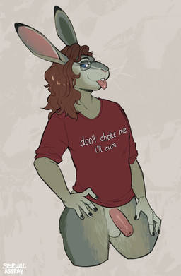 anthro balls big_ears blue_eyes bottomless bottomless_anthro brown_hair clothed clothing eyewear femboy foreskin fur genitals glasses grey_body grey_fur hair half-erect hand_on_hip long_hair looking_at_viewer male partially_clothed penis shirt shirt_only sidecut solo standing teasing teasing_viewer text text_on_clothing text_on_shirt text_on_topwear thigh_up tongue tongue_out topwear topwear_only strayserval don't_bully_me_i'll_cum lucatael hare lagomorph leporid mammal 2024 english_text hi_res signature