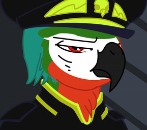 alcohol anthro beak beverage chest_tuft clothing collar dialogue drinking feathers hat headgear headwear looking_at_viewer male red_body smile smirk solo tuft wine villegreen avian felid feline hybrid mammal animated headshot_portrait loop portrait