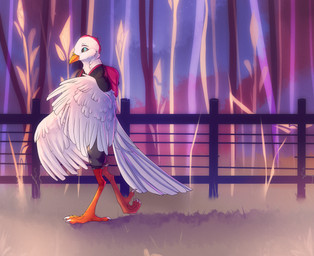 anthro backpack beak cere_(anatomy) claws clothing feathers female fence solo wings conditional_dnp elvche avian bird columbid dove 2018 digital_media_(artwork) hi_res