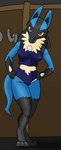 anthro breasts clothed clothing female medium_breasts nipple_outline solo sports_panties arcatech nintendo pokemon canid generation_4_pokemon lucario mammal pokemon_(species) absurd_res hi_res