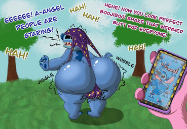 ambiguous_gender ambiguous_pov anthro atomic_wedgie balls_outline big_butt biped blue_body blue_fur bouncing_butt bubble_butt bulge bulge_from_behind butt cellphone clothed clothing detailed_bulge dialogue duo electronics female first_person_view fur genital_outline holding_cellphone holding_object holding_phone holding_smartphone huge_butt humiliation humiliation_fetish laugh male male_anthro male_focus male_wedgie partially_clothed partially_clothed_anthro partially_clothed_male phone pink_body pink_fur plantigrade smartphone solo_focus text wedgie wedgie_fetish vorkken16 disney lilo_and_stitch wedgie_boy angel_(lilo_and_stitch) stitch_(lilo_and_stitch) alien experiment_(lilo_and_stitch) 2025 english_text hi_res female_(lore)