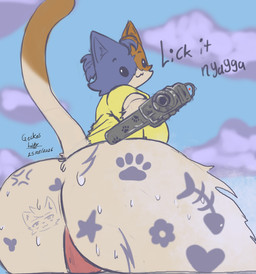 anthro big_breasts big_butt biped bodily_fluids breasts butt camel_toe clothed clothing female female_anthro fur gun hair looking_at_viewer multicolored_body racial_slur ranged_weapon simple_background slur smile solo sweat tail tattoo text thick_thighs weapon yairo epic_games fortnite cate_meowdy silly_cat_(mauzymice) calico_cat domestic_cat felid feline felis mammal digital_media_(artwork)