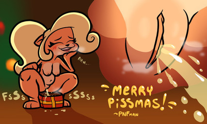 anthro areola belly blonde_hair blush blush_lines bodily_fluids box breasts breath brown_areola brown_nipples christmas_tree container female fur genital_fluids genitals gift_box hair holidays improvised_toilet nipples nude nude_anthro nude_female orange_body orange_fur peeing peeing_into_container peeing_on_gift plant relieved solo tan_belly tan_body tan_breasts tree urine urine_stream vulva watersports theenfman thepnfman activision christmas crash_bandicoot_(series) coco_bandicoot bandicoot mammal marsupial 2024 5:3