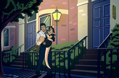 anthro bottomwear bridal_carry brown_eyes brown_hair carrying_another chest_tuft clothed clothing detailed_background digitigrade drunk duo female hair long_hair male open_mouth skirt substance_intoxication tail thick_tail tuft mainlinemojo ruby_(comfycreations) human kangaroo macropod mammal marsupial 2019 absurd_res hi_res