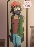 animal_ears anthro beanie black_nose blush bottomwear breasts brown_hair clothed clothed_female clothing denim denim_bottomwear denim_clothing dialogue female first_person_view front_view fully_clothed fully_clothed_female fur hair hat headgear headwear hoodie inside jeans looking_at_mirror looking_at_object looking_at_viewer mirror open_clothing open_hoodie open_topwear pants partial_transformation shirt snout solo speech_bubble standing tail text topwear undershirt yellow_eyes frankenjade sam_(frankenjade) canid canine canis human humanoid mammal wolf 2023 absurd_res colored english_text hi_res shaded story story_in_description