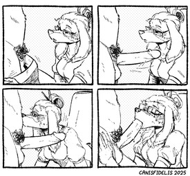 anthro balls biped breasts clothed clothed_female clothing dress duo erection eyebrows eyes_closed eyewear fellatio female floppy_ears genitals glans glasses hair hair_bun half-closed_eyes humanoid_genitalia humanoid_penis kissing looking_at_another looking_at_partner lop_ears male male/female narrowed_eyes nude oral penile penis pubes rectangular_glasses sex simple_background small_breasts undressing_another wearing_glasses canisfidelis ms._haley_(canisfidelis) canid canine canis dachshund domestic_dog hunting_dog mammal 2025 comic monochrome